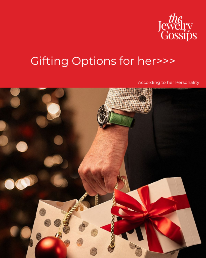 The image shows a man carrying a bag full of gifts. And the text is Gifting o[ptions for her accrding to her personality.

