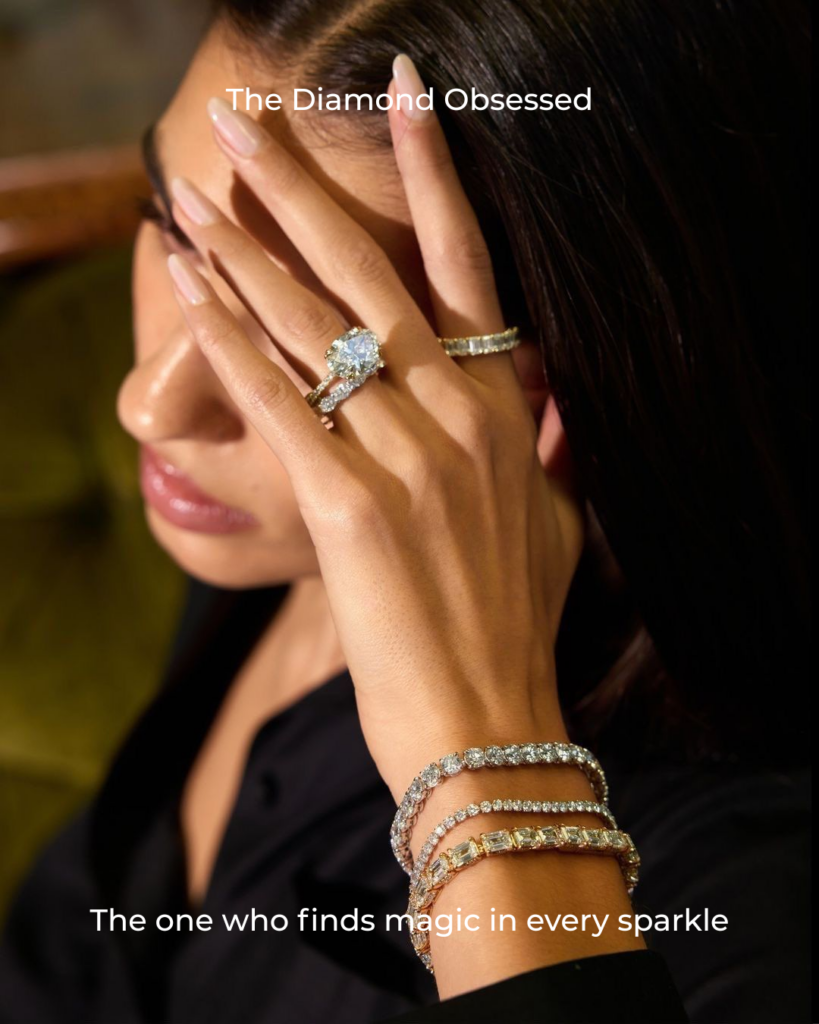 Woman wearing elegant diamond jewelry symbolizing luxury and timeless sparkle, perfect for diamond lovers and special occasion gifting.