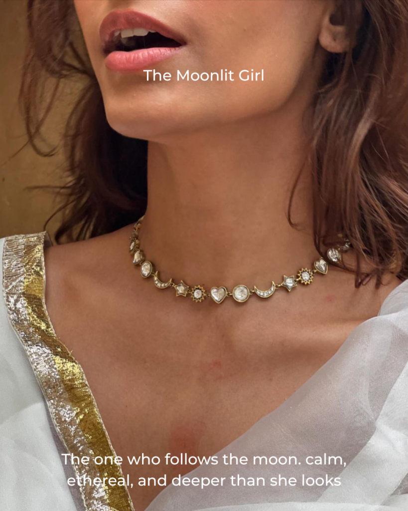 Celestial-inspired jewelry with moon and star motifs styled delicately, ideal for women who love ethereal and symbolic jewelry designs.