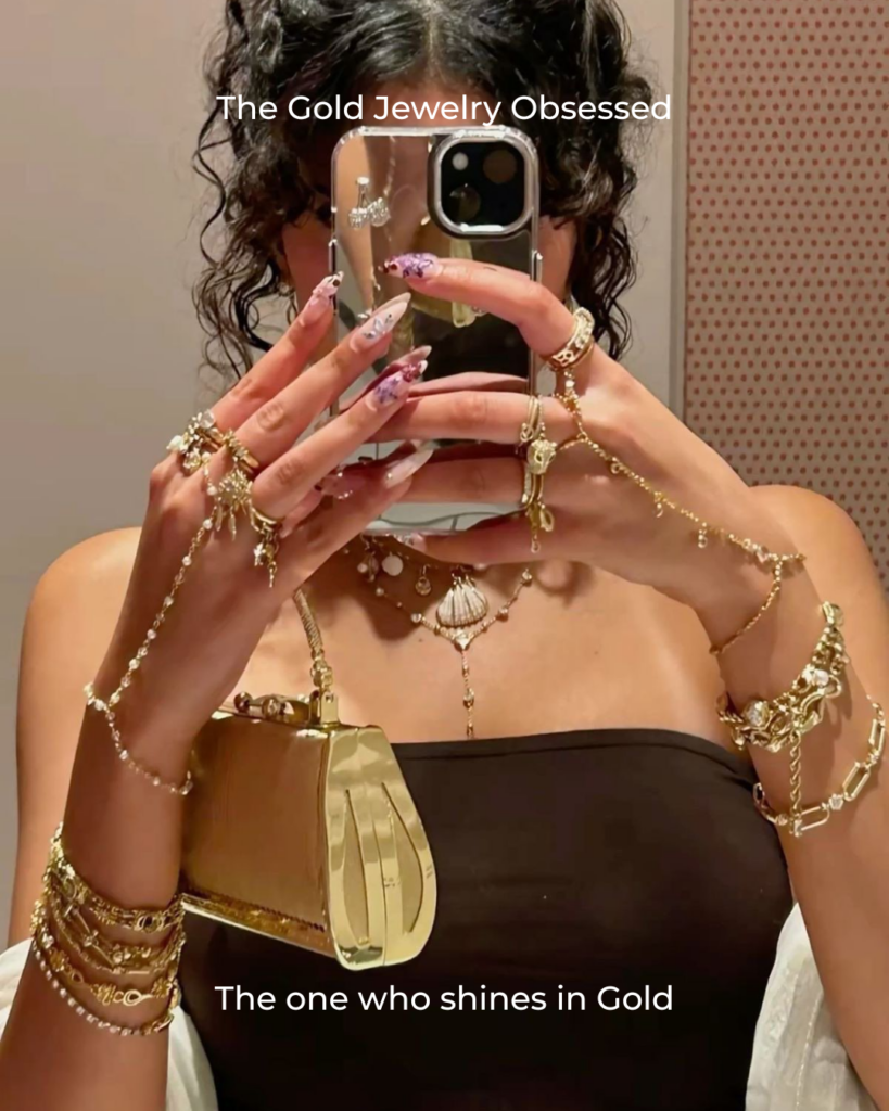 Bold gold jewelry including layered necklaces and bangles, showcasing timeless gold craftsmanship for confident and radiant women.