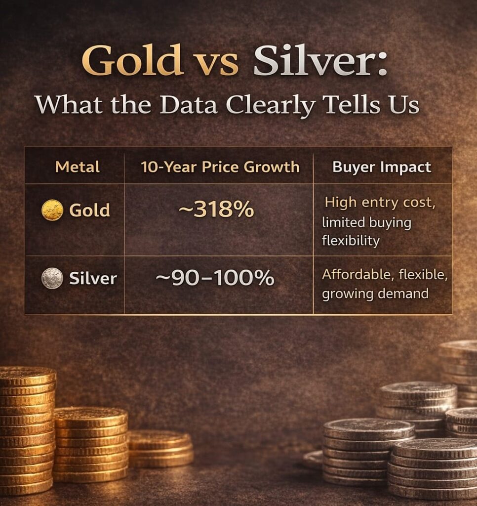 Infographic comparing gold vs silver price performance over the last 10 years, showing gold with ~318% growth and silver with ~90–100% growth, highlighting buyer impact, affordability, and investment flexibility with stacked gold and silver coins in the background.