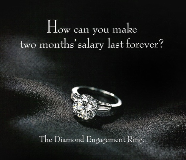 Classic De Beers engagement ring advertisement promoting the two months’ salary rule, illustrating how diamond size became linked to status, commitment, and social value in modern marriage proposals.