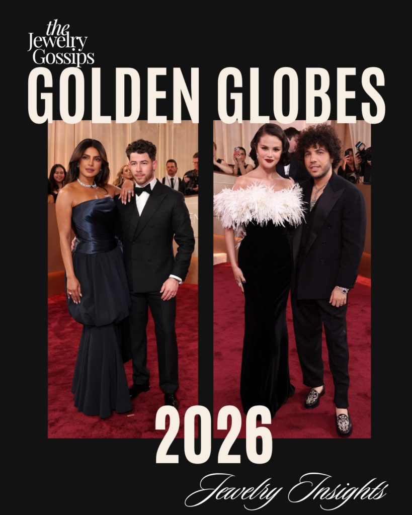 The Jewelry Gossips Golden Globes 2026 cover featuring two celebrity couples posing on the red carpet in elegant black evening looks, highlighting luxury fashion and award-season glamour