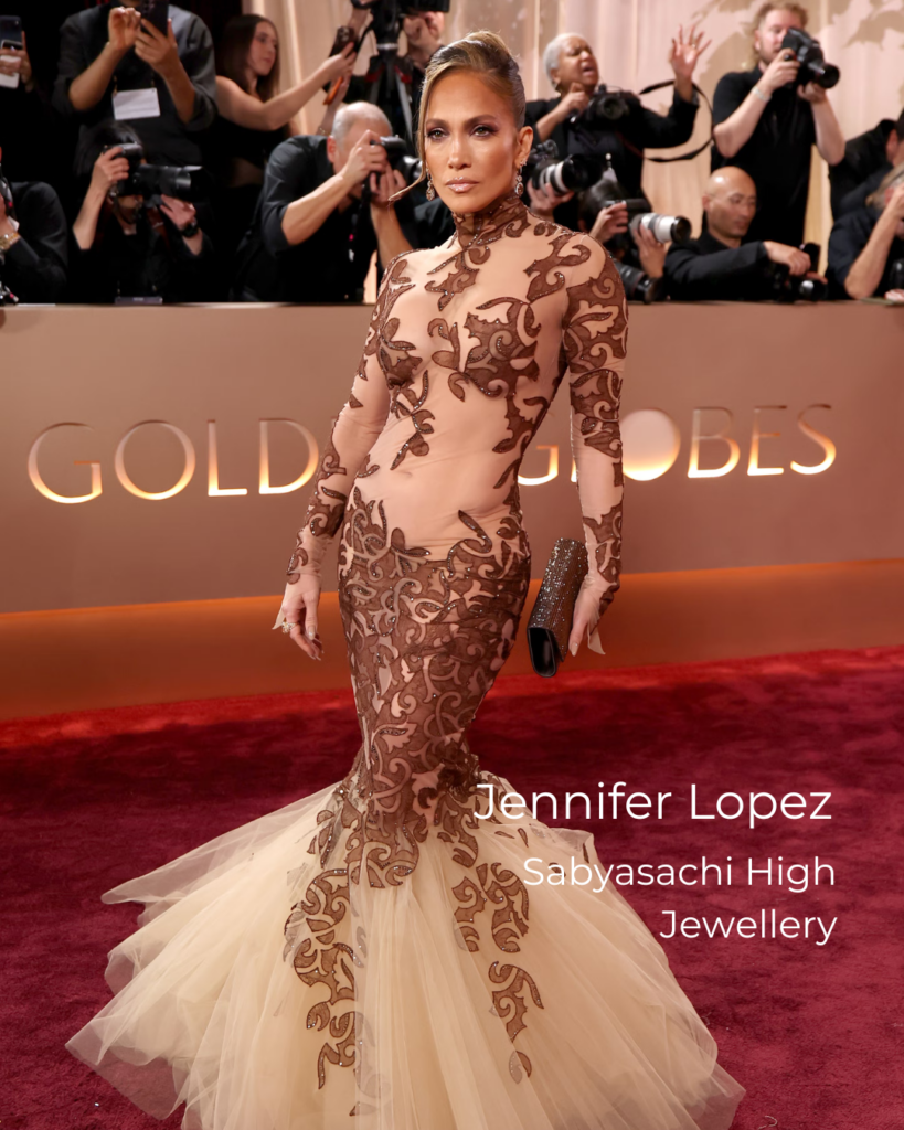 Jennifer Lopez at the Golden Globes 2026 wearing Sabyasachi high jewelry, highlighting heritage diamond craftsmanship and luxury celebrity jewelry style.
