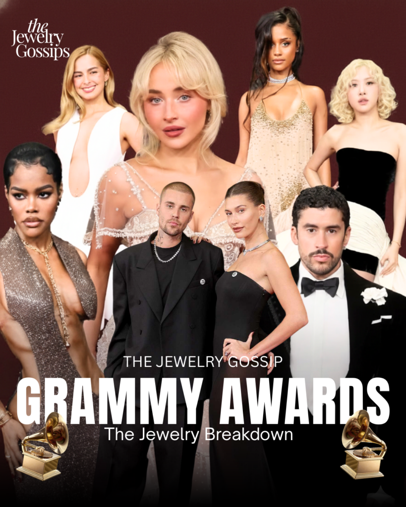 Grammy Awards 2026 jewelry breakdown featuring celebrities including Sabrina Carpenter, Rihanna, Lady Gaga, Tyla, Addison Rae, Justin Bieber and Hailey Bieber showcasing luxury red carpet jewelry styles.