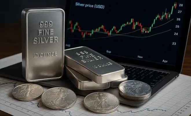 Silver price growth concept with upward arrow and bullion bars why silver prices are rising and what’s driving the silver market, The Jewelry Gossip.

