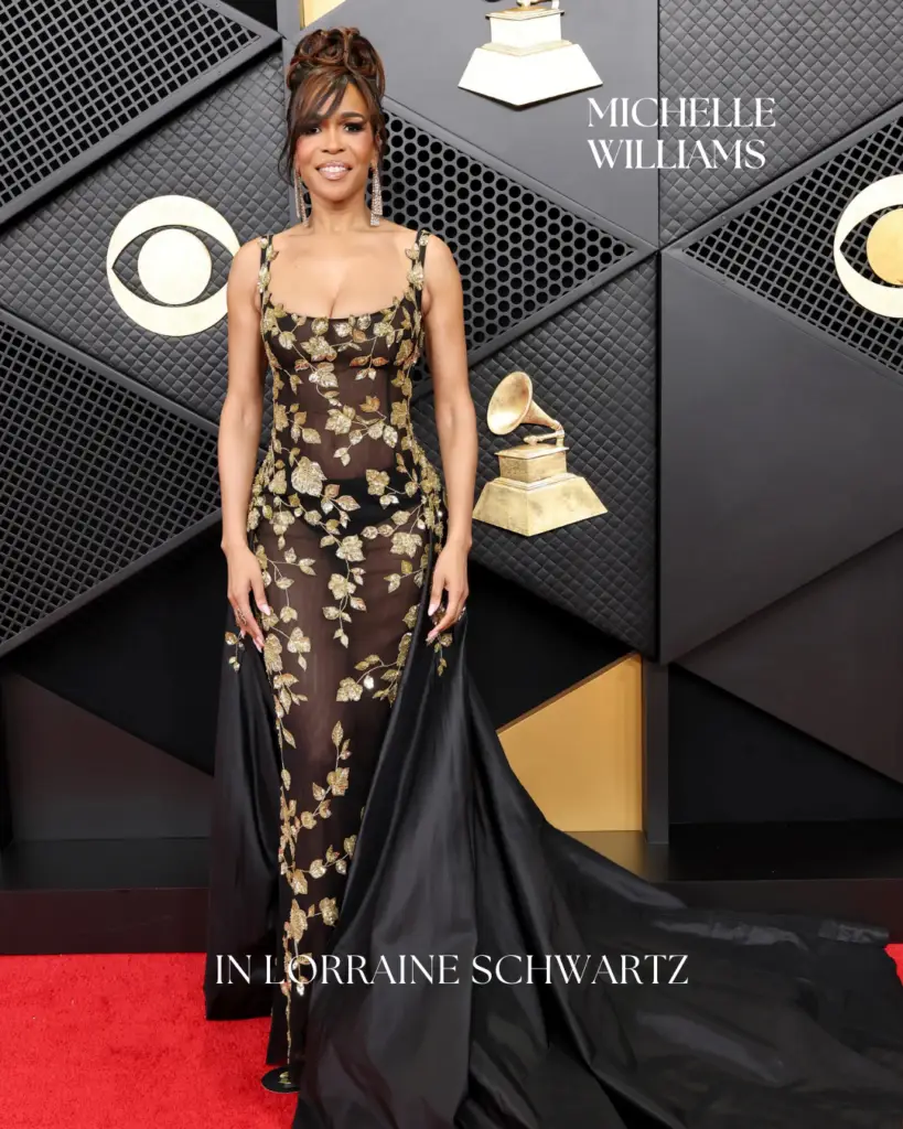 Michelle Williams attending the Grammy Awards wearing Lorraine Schwartz diamond jewelry, styled with understated elegance and refined red carpet glamour.