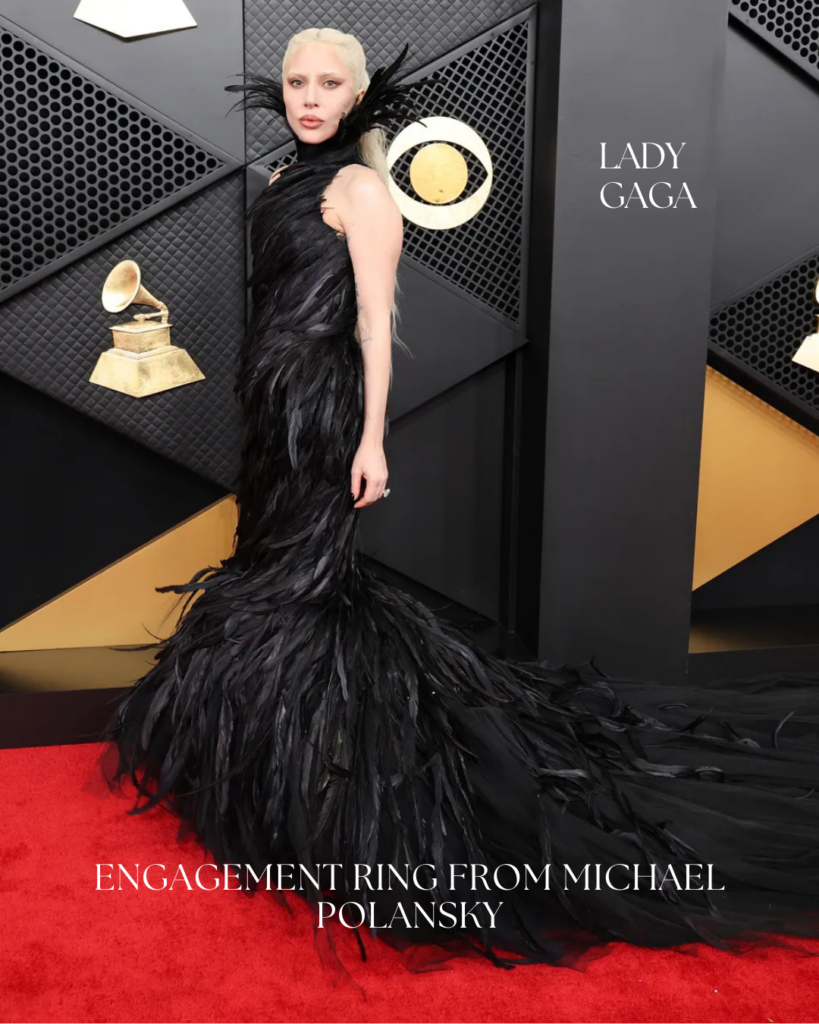 Lady Gaga on the Grammy Awards red carpet wearing an engagement ring by Michael Polansky, styled with a dramatic black couture gown.