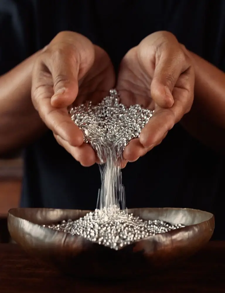 Raw silver granules flowing through hands representing physical silver demand why silver prices are rising in 2026, insights by The Jewelry Gossip.
