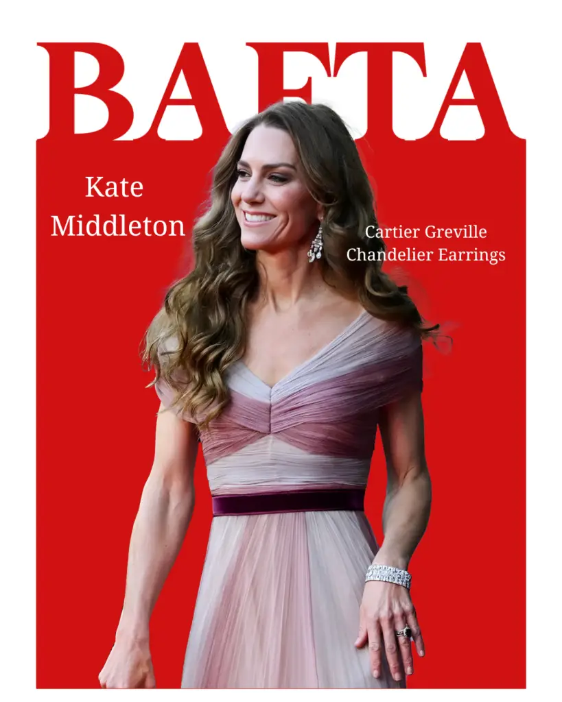 Kate Middleton wearing an elegant blush evening gown with Cartier Greville chandelier earrings at the BAFTA Awards 2026.