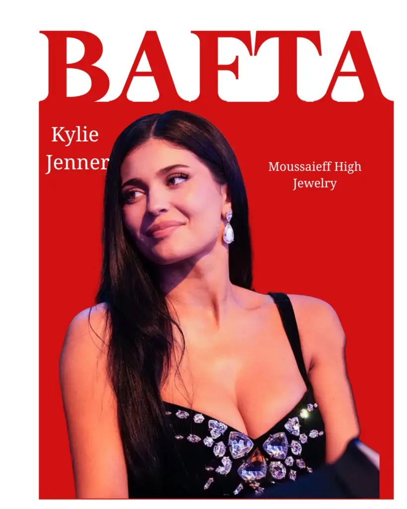 Kylie Jenner in a black crystal-embellished evening dress styled with Moussaieff Jewellers high jewelry at the BAFTA Awards 2026.
