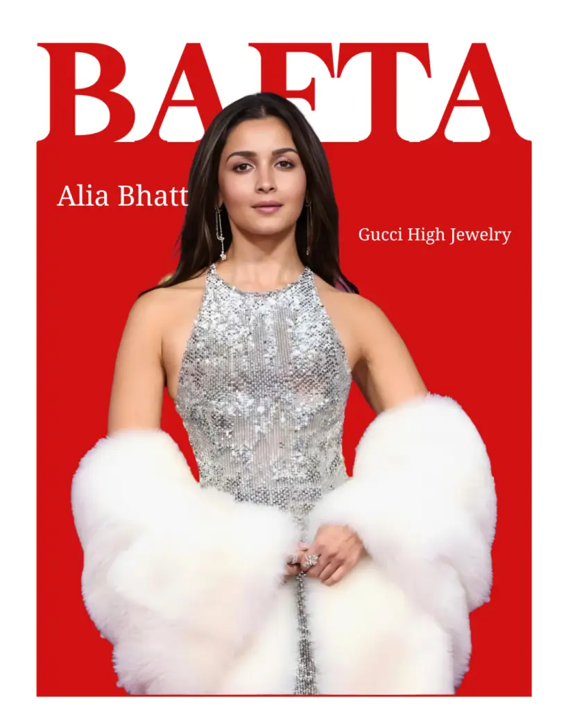 Alia Bhatt wearing a silver embellished gown with Gucci high jewelry on the BAFTA Awards 2026 red carpet.