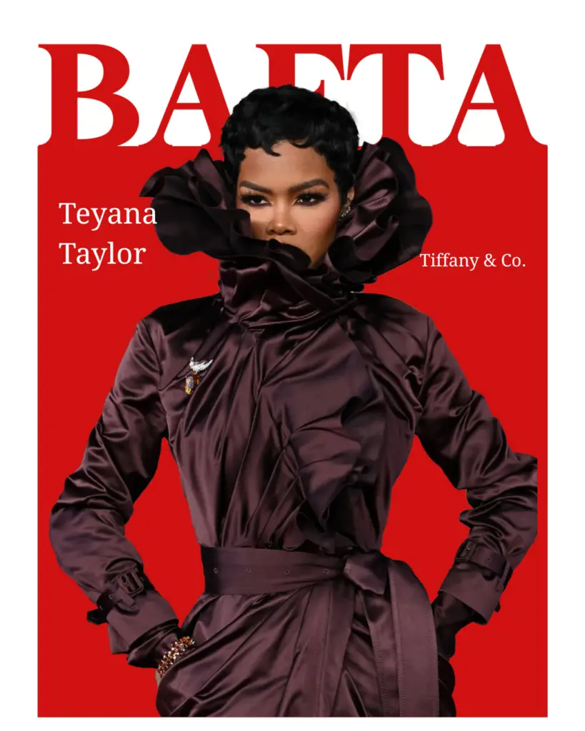 Teyana Taylor in a dramatic high-neck couture gown accessorised with Tiffany & Co. jewelry at the BAFTA Awards 2026.