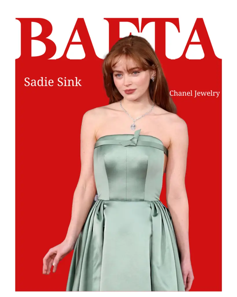 Sadie Sink wearing a mint green strapless evening dress paired with Chanel jewelry at the BAFTA Awards 2026 red carpet event.
