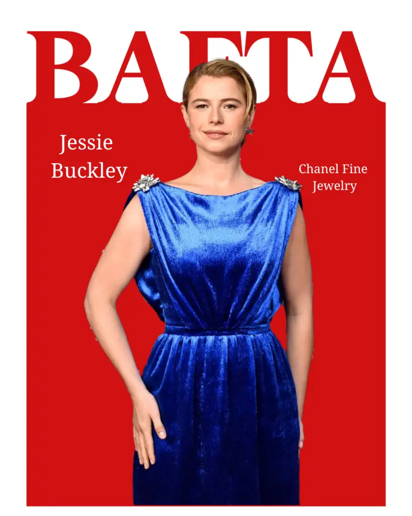 Jessie Buckley wearing a royal blue velvet gown with Chanel fine jewelry on the BAFTA Awards 2026 red carpet.