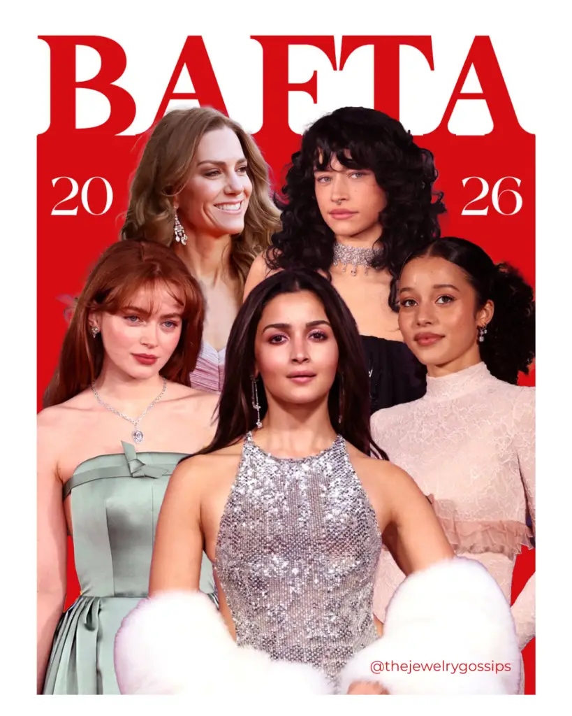 Celebrity red carpet fashion highlights featuring Alia Bhatt, Sadie Sink, Kate Middleton and fellow stars showcasing luxury gowns and high jewelry at the BAFTA Awards 2026.

