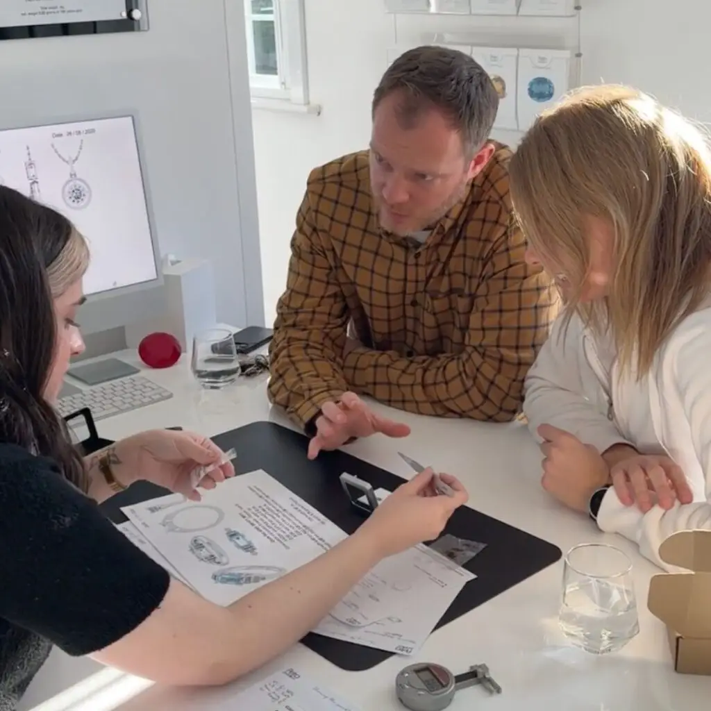 Jewelry designers reviewing imitation jewelry samples and design sketches to test proportions, structure, and comfort before creating custom fine jewelry.
