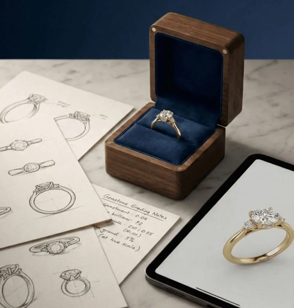 Diamond engagement ring design process with sketches and digital preview highlighting custom gold jewelry craftsmanship. The Jewelry Gossip.

