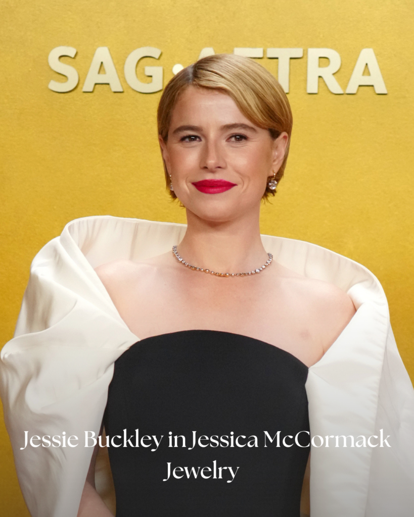  Jessie Buckley wearing diamond jewelry by Jessica McCormack at Actors Awards 2026.
