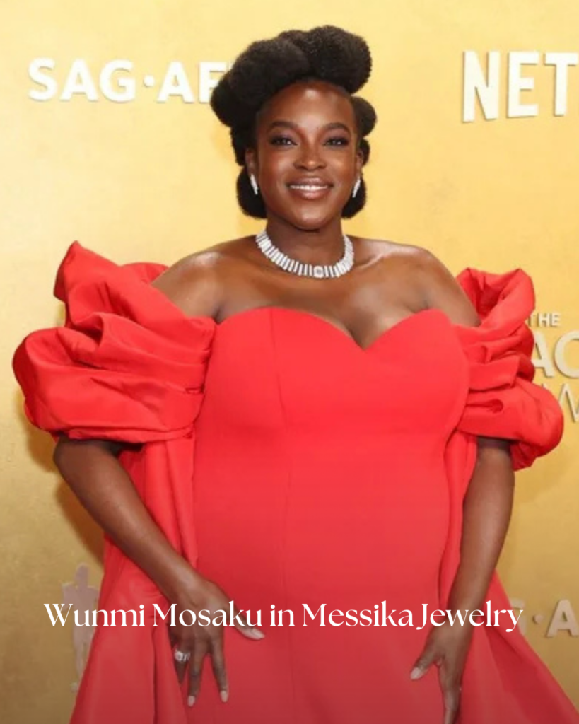  Wunmi Mosaku styled in diamond jewelry by Messika at the Actors Awards 2026 red carpet.