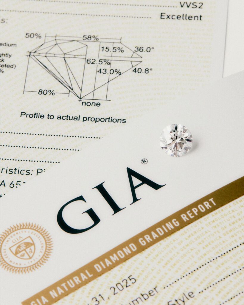  Certified diamond with grading report illustrating quality verification in the jewelry supply chain process.
