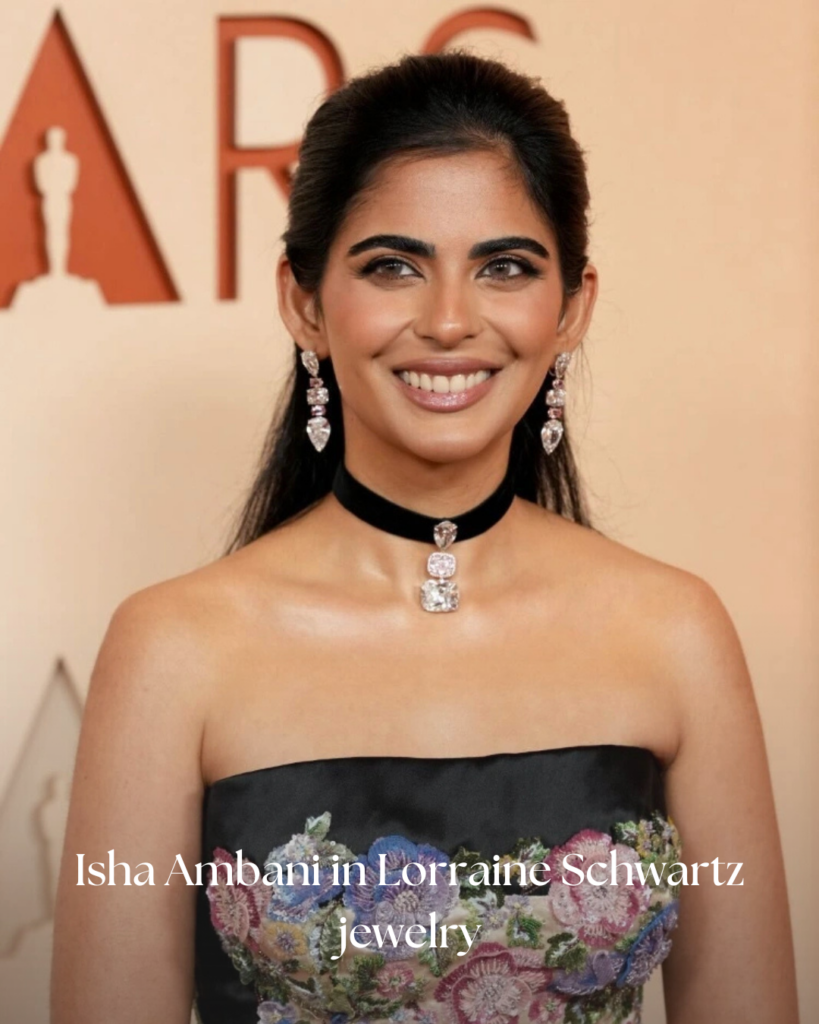 Isha Ambani wearing Lorraine Schwartz diamond jewelry on the Oscars 2026 red carpet featuring high-carat diamonds and luxury choker necklace