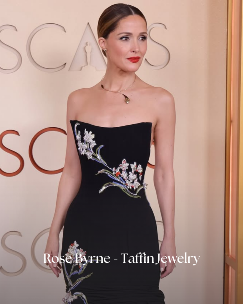 Rose Byrne in Taffin jewelry at Oscars 2026 wearing cognac diamond choker with sculptural high jewelry design
