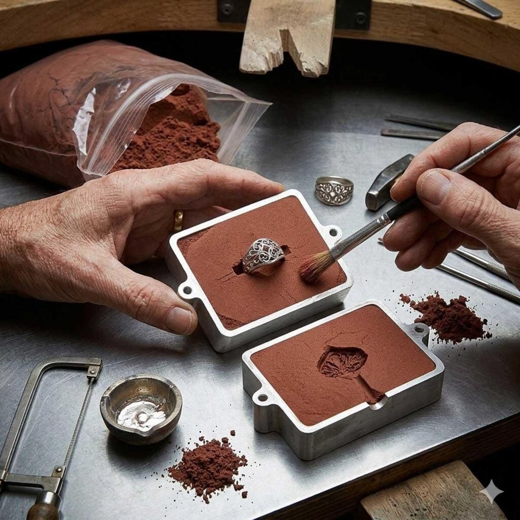  Molten gold being poured into mold during jewelry casting and production process.
