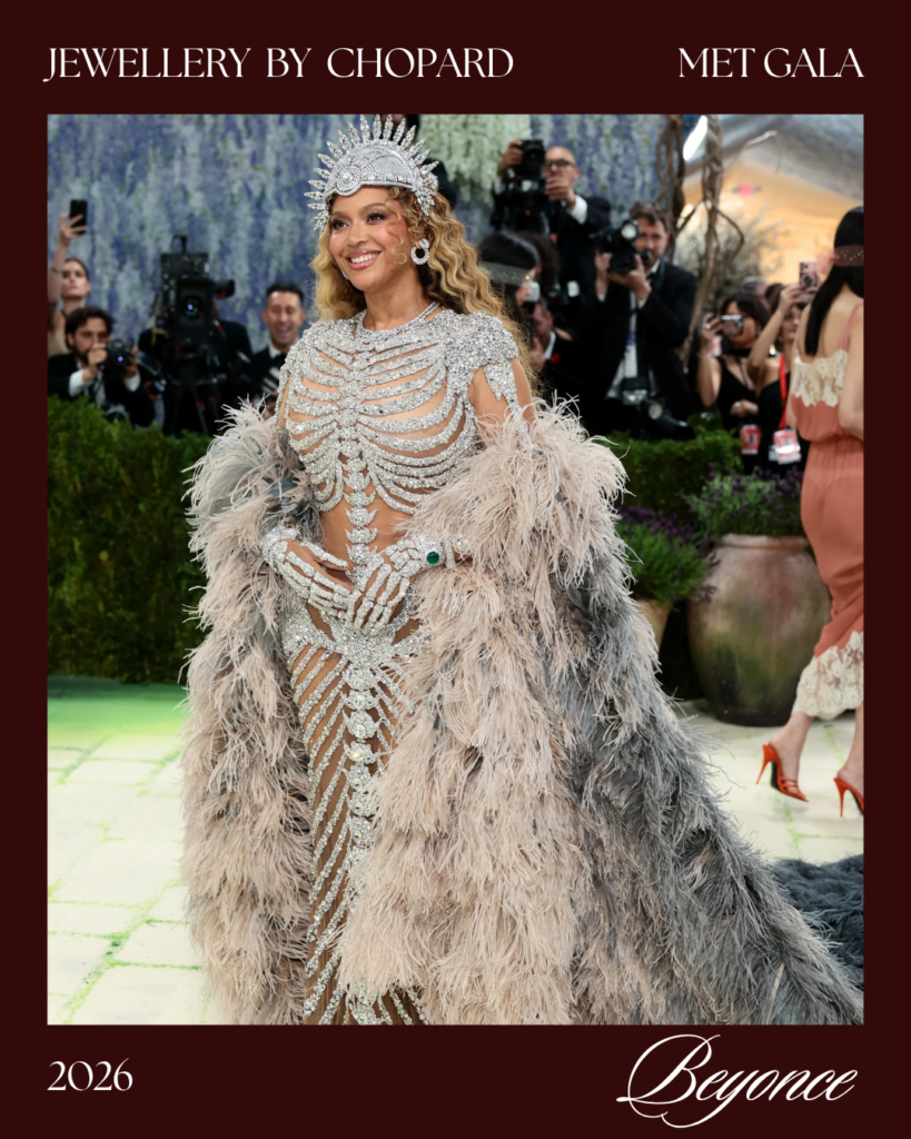  Beyonce Met Gala look 2026 wearing Chopard diamond necklace 140 carats emerald cabochon cuff bracelet Fairmined white gold Costume Art red carpet
