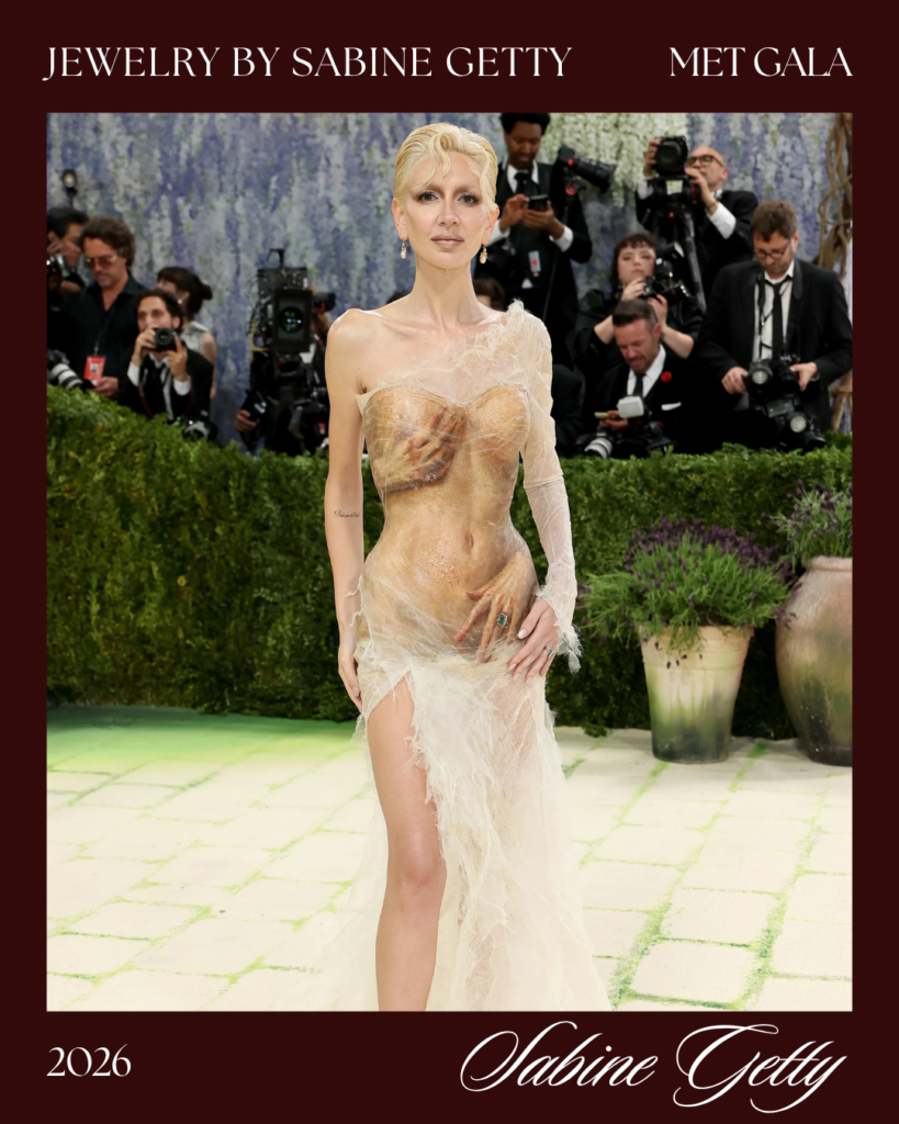 Sabine Getty Met Gala look 2026 wearing Ashi Studio hand-painted gown with her own Sabine G jewelry collection rings Costume Art red carpet
