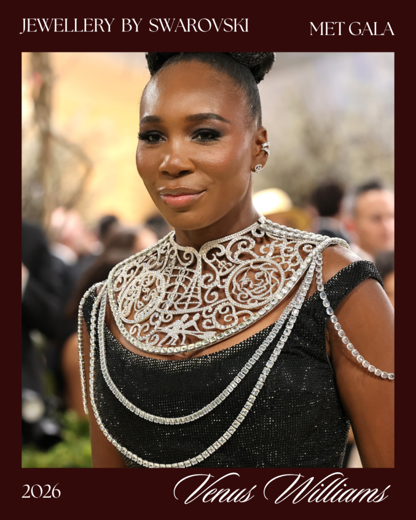 Venus Williams Met Gala look 2026 wearing custom Swarovski crystal Wimbledon necklace black crystal mesh gown honoring Althea Gibson Costume Art red carpet
