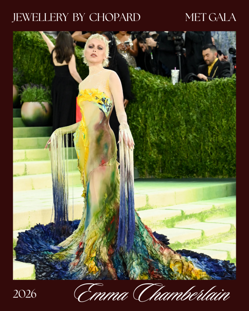 Emma Chamberlain Met Gala look 2026 wearing custom hand-painted Mugler gown inspired by Van Gogh at Costume Art theme red carpet