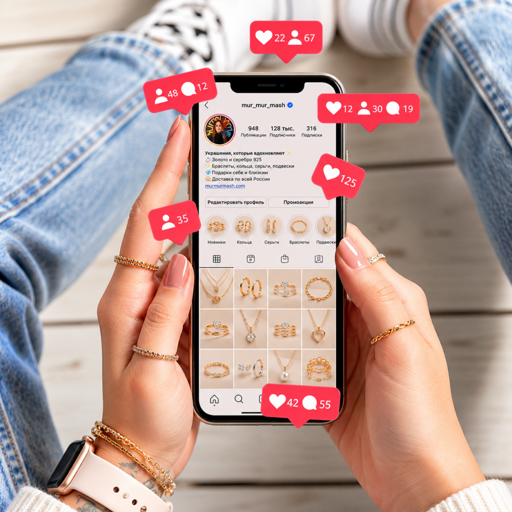 Woman discovering diamond jewelry through Instagram Reels while browsing an online jewelry store on her smartphone.