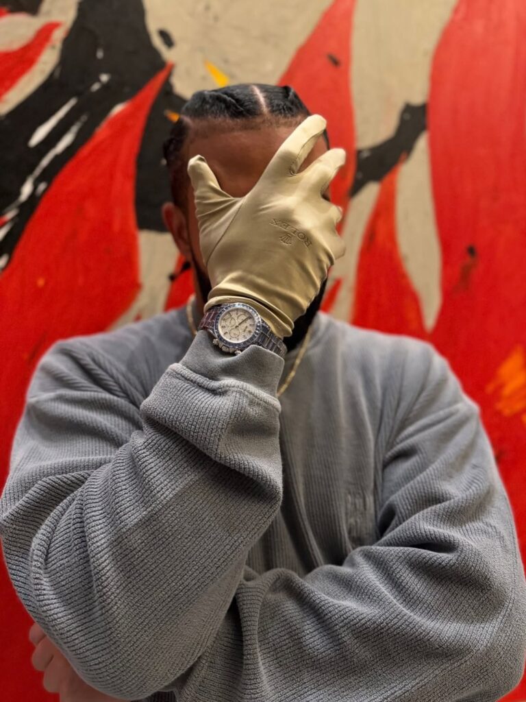 Close-up of Drake's custom Ice Gradient Rolex Daytona watch featuring a rare design created to celebrate his record-breaking achievements.