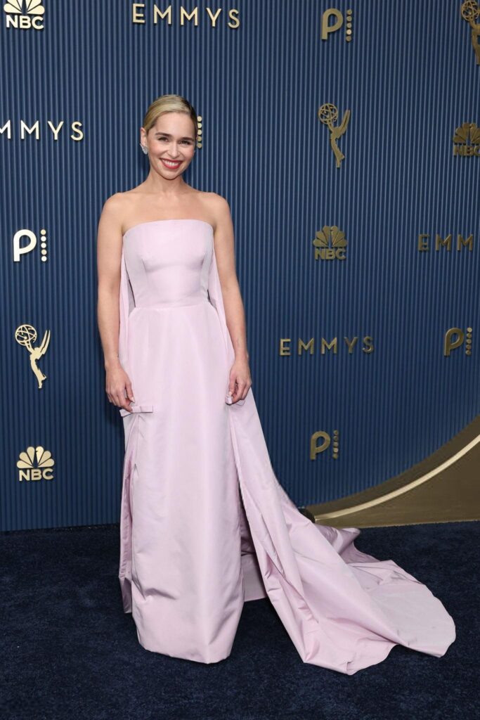 Emilia Clarke wearing Boucheron fine jewelry at the Emmys 2026, pairing elegant French high jewelry with a sophisticated Prada red carpet look and timeless diamond styling.